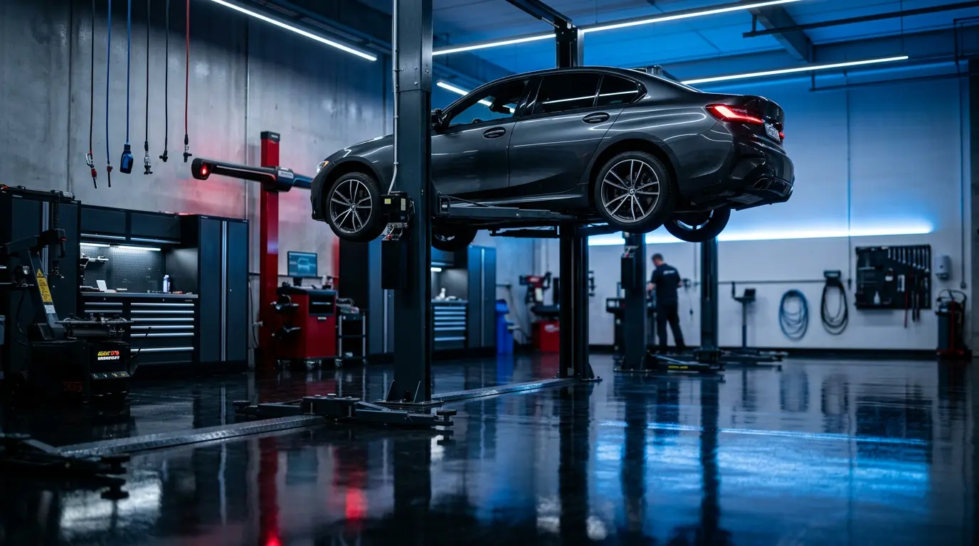 A sedan raised on a lift inside a modern repair shop